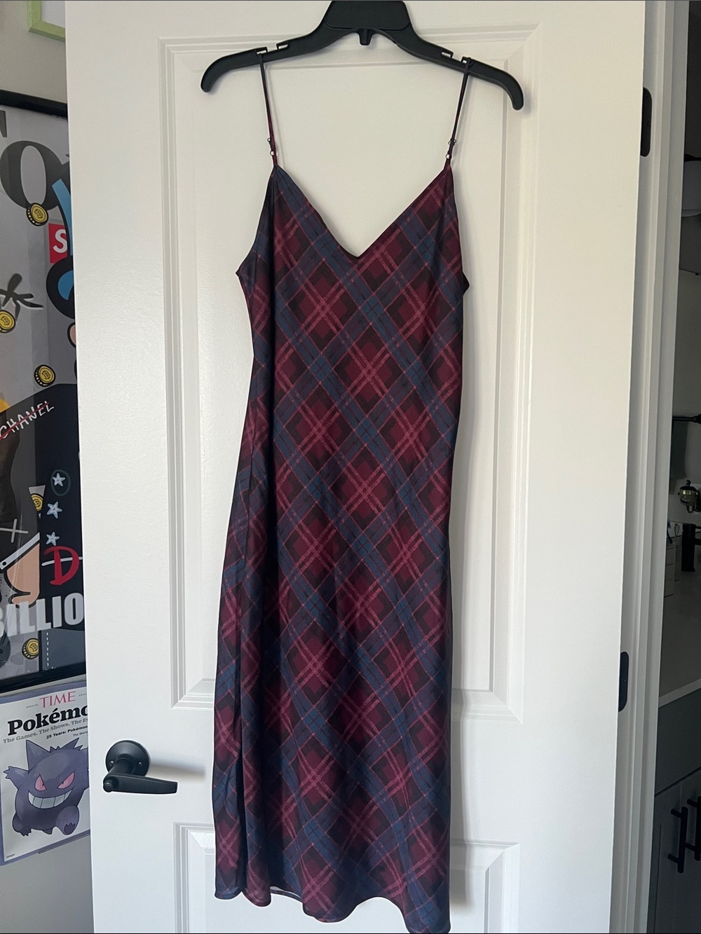 PAIGE Burgundy and Navy Plaid Slip Midi Dress